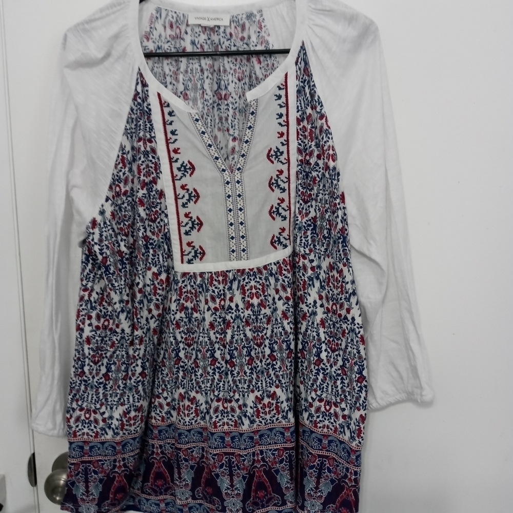 Vintage America Aztec And Floral Embroidered Sheer Tunic